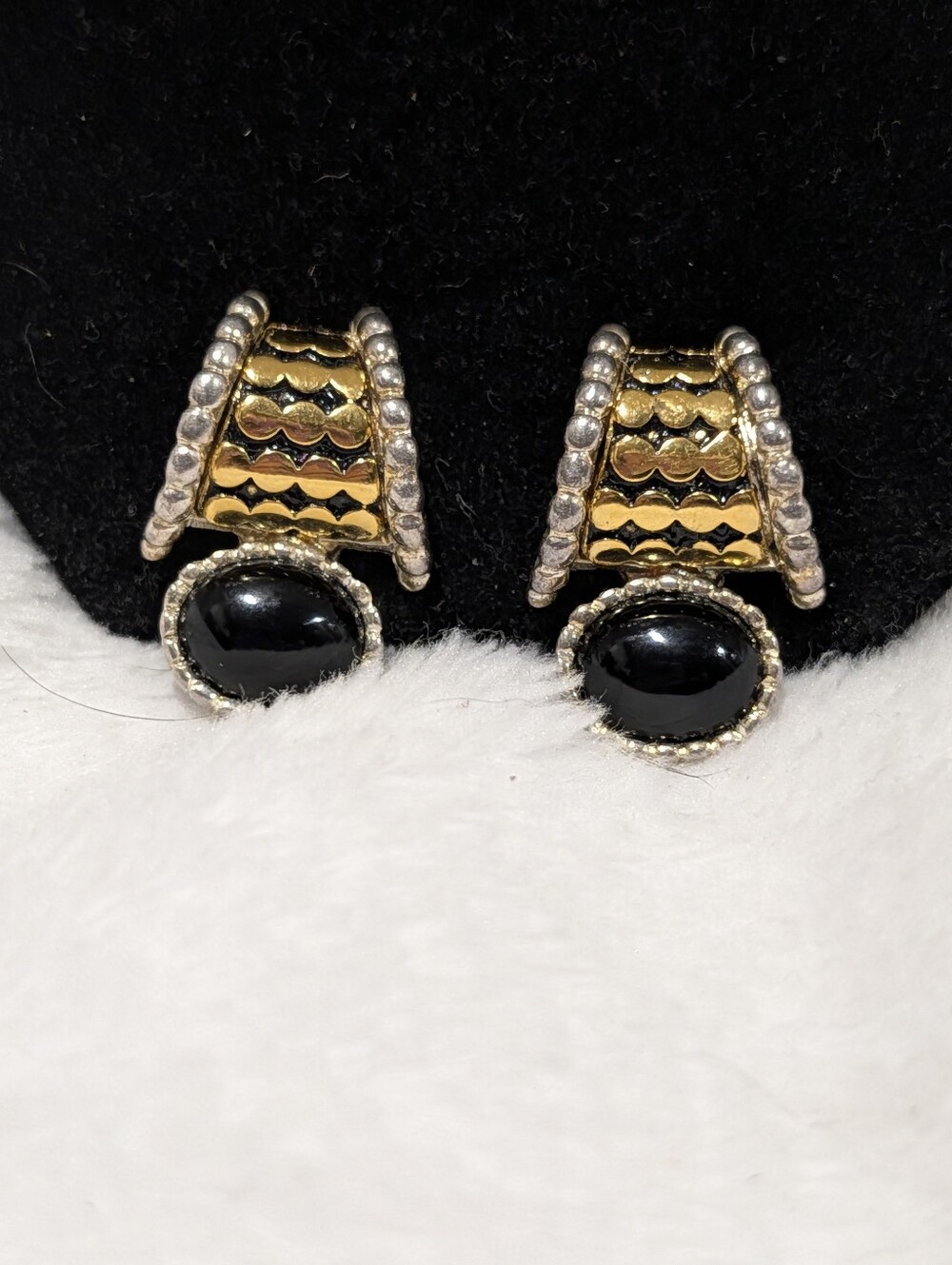 Vintage Premier Designs Mixed Metal Black Cabochon Clip On Earrings